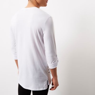 White distressed longline roll sleeve T-shirt